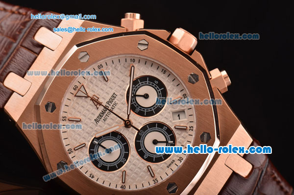 Audemars Piguet Royal Oak Chronograph Miyota OS20 Quartz Rose Gold Case with Brown Leather Strap White Dial and Stick Markers - Click Image to Close